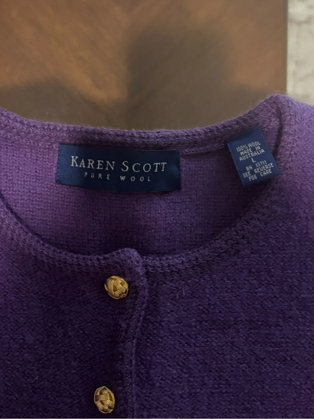 Karen Scott Size: L Purple Crewneck Cashmere-Blend Cardigan with Gold Buttons